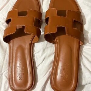 Hermes Tan Leather Slide Sandals